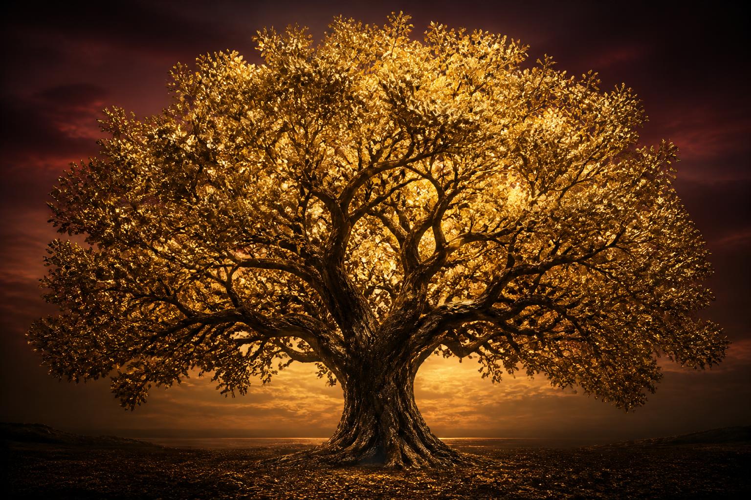 A majestic golden oak at dusk, its chrome-gold leaves lit against a deep burgundy sky