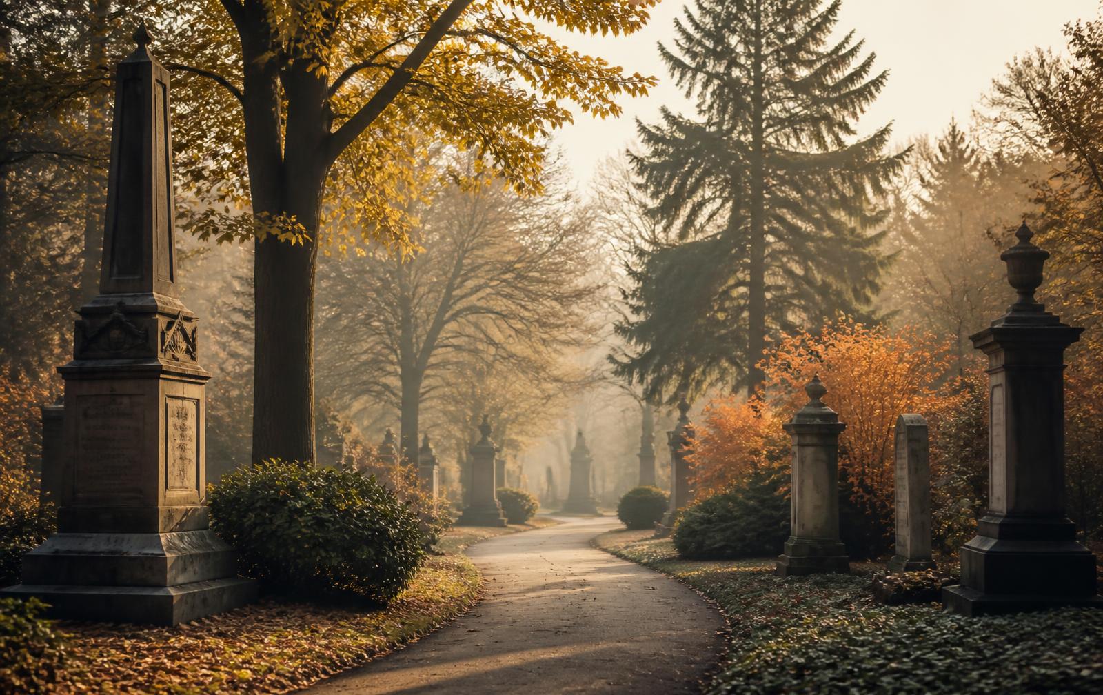 A peaceful historic garden cemetery path lined with autumn trees and stone monuments in soft golden mist