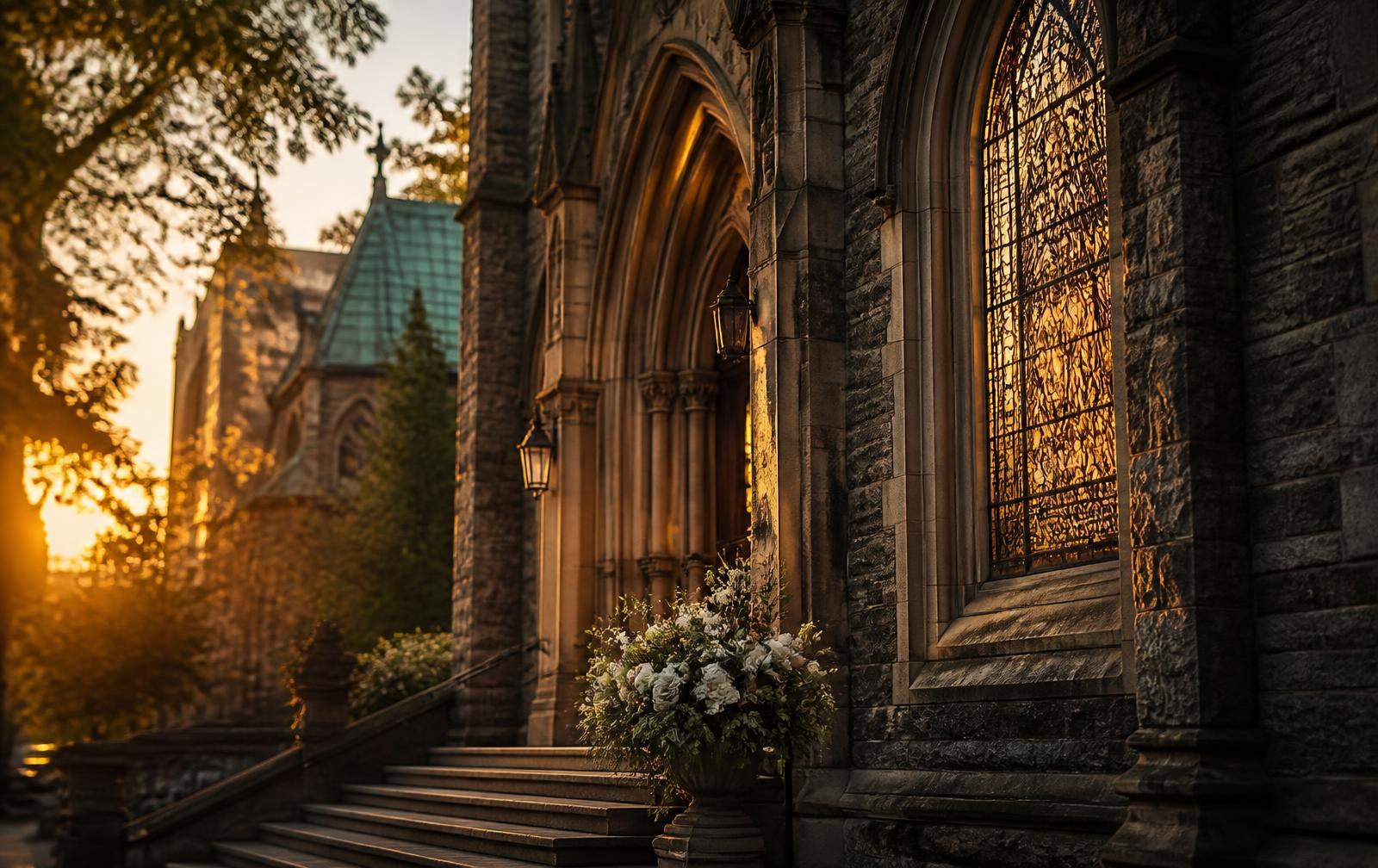 A historic stone church entrance with arched stained glass windows glowing in golden evening light