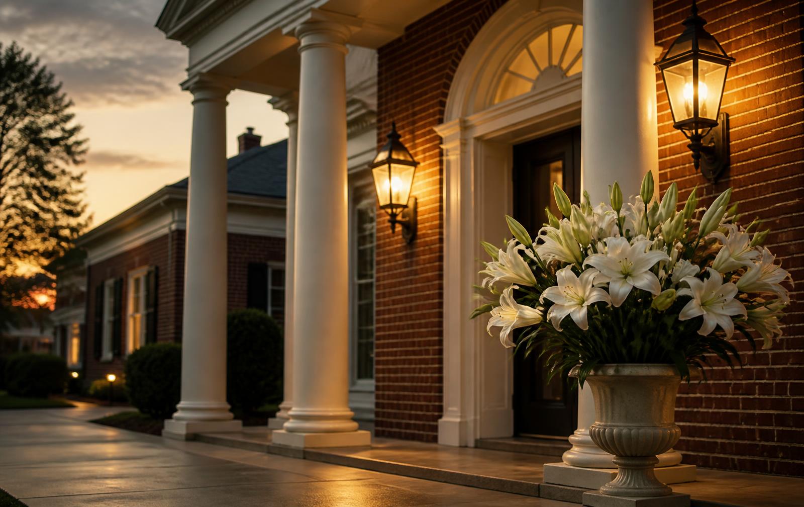 A dignified brick funeral home entrance with white columns, warm lanterns, and white lilies at dusk