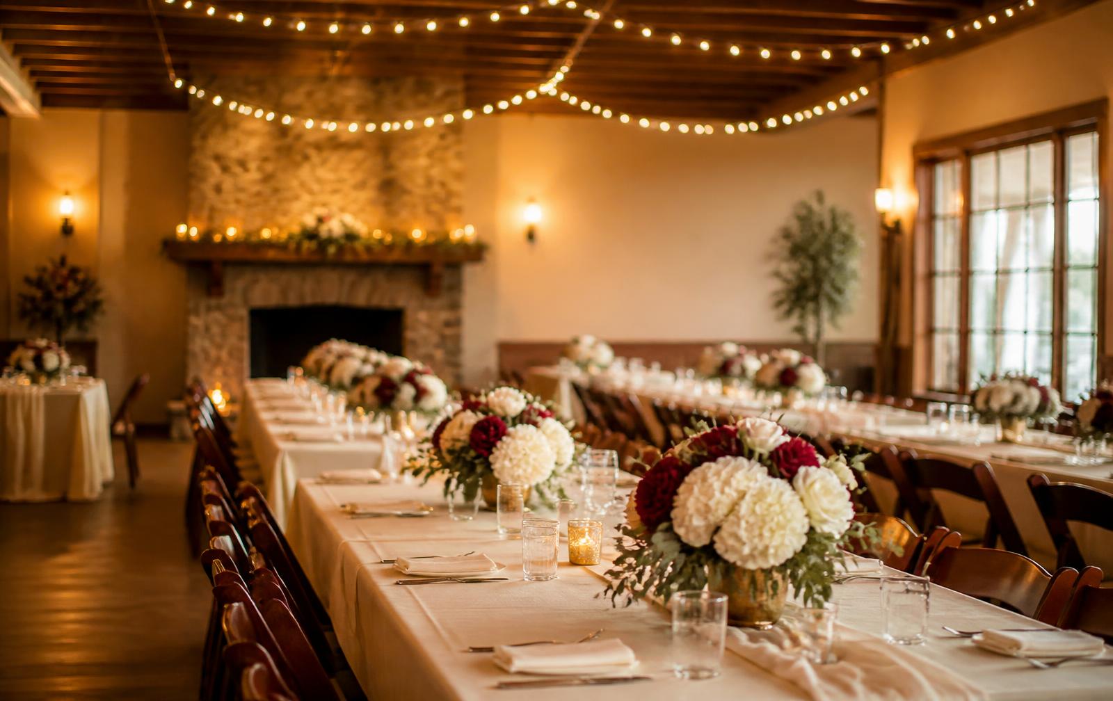 A warm fellowship hall set with ivory linens, burgundy and white florals, and soft golden string lighting